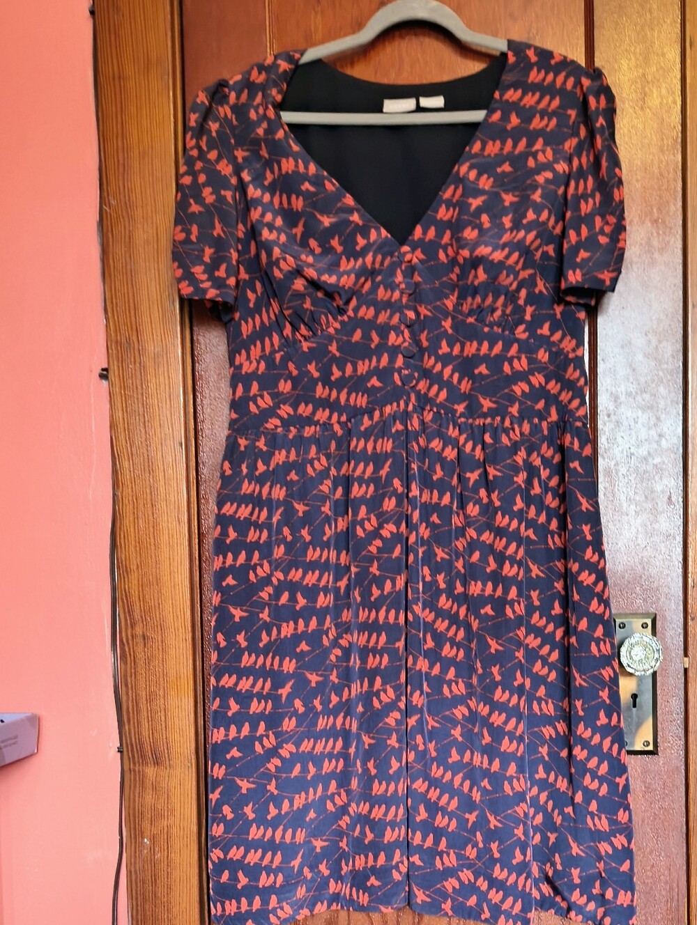 eshakti Retro Navy Day Dress With Red Bird Pattern. 2x. Sweetheart Bodice.
